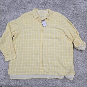 J Jill Shirt Women 2X Yellow White Plaid Button Roll Tab Sleeve Beachy Coastal‎